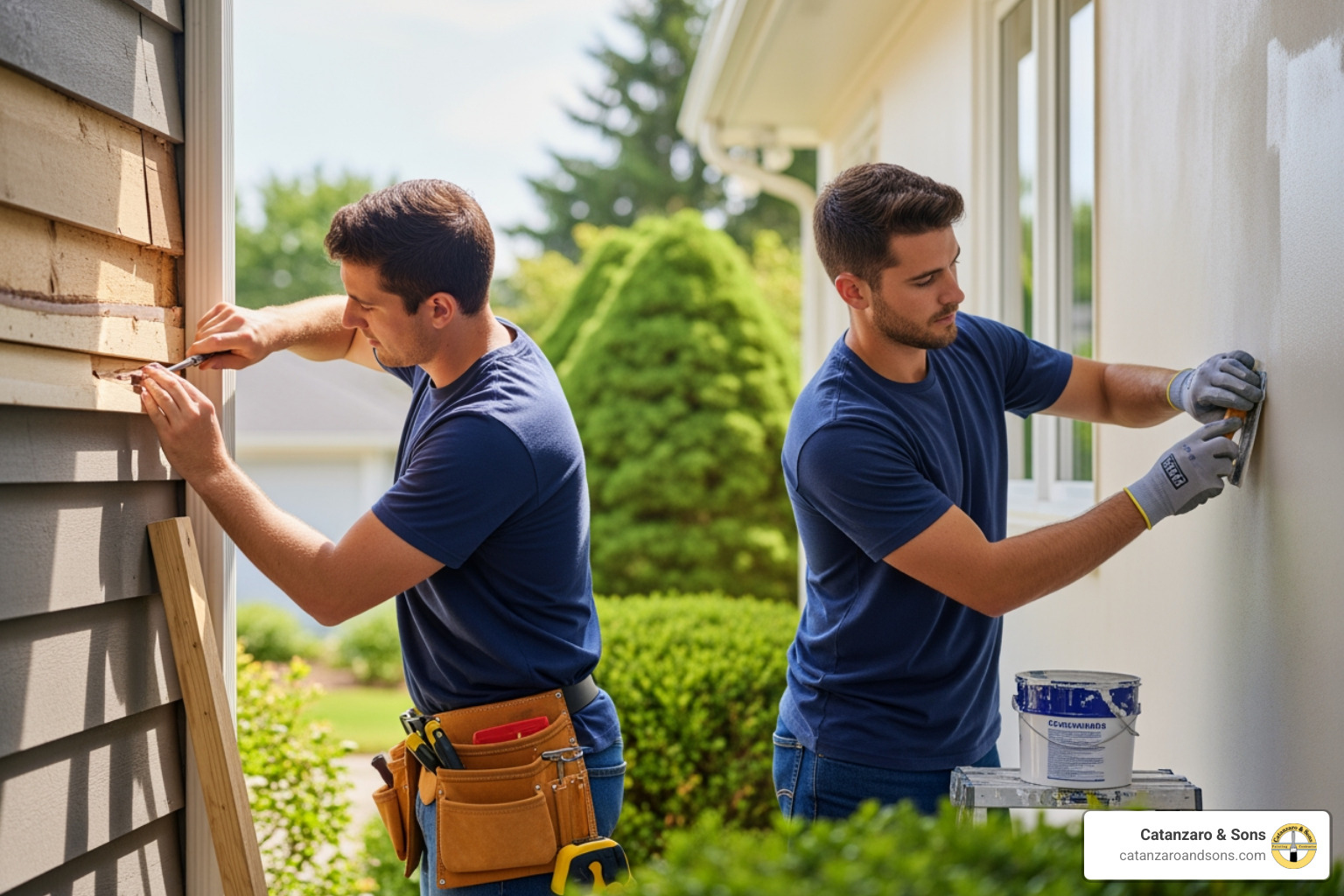 A professional team collaborating on an exterior home project, showing both painters and carpenters working together - painting and carpentry near me