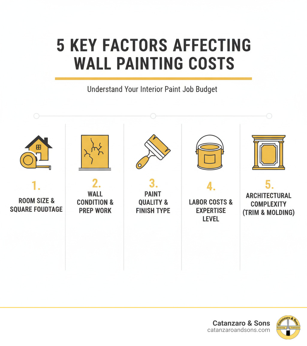 Infographic showing five key factors affecting wall painting costs: room size and square footage, wall condition and prep work needed, paint quality and finish type, labor costs and expertise level, and architectural complexity including trim and molding - Cost to paint walls infographic 