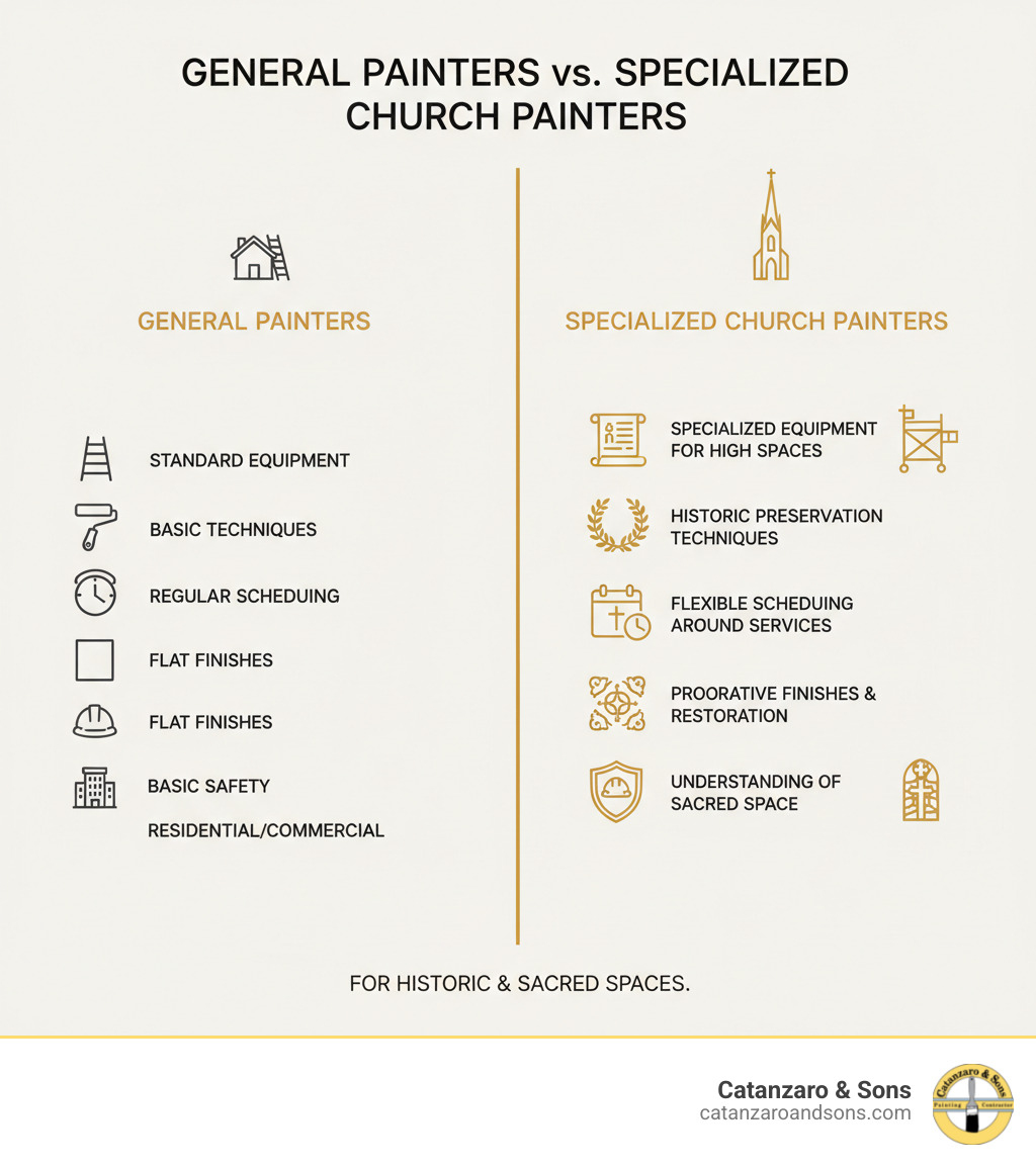 Infographic showing the key differences between general painters and specialized church painters: specialized equipment for high spaces, knowledge of historic preservation techniques, flexible scheduling around services, experience with decorative finishes and restoration, proper insurance and safety protocols, and understanding of sacred space requirements - church painters infographic 