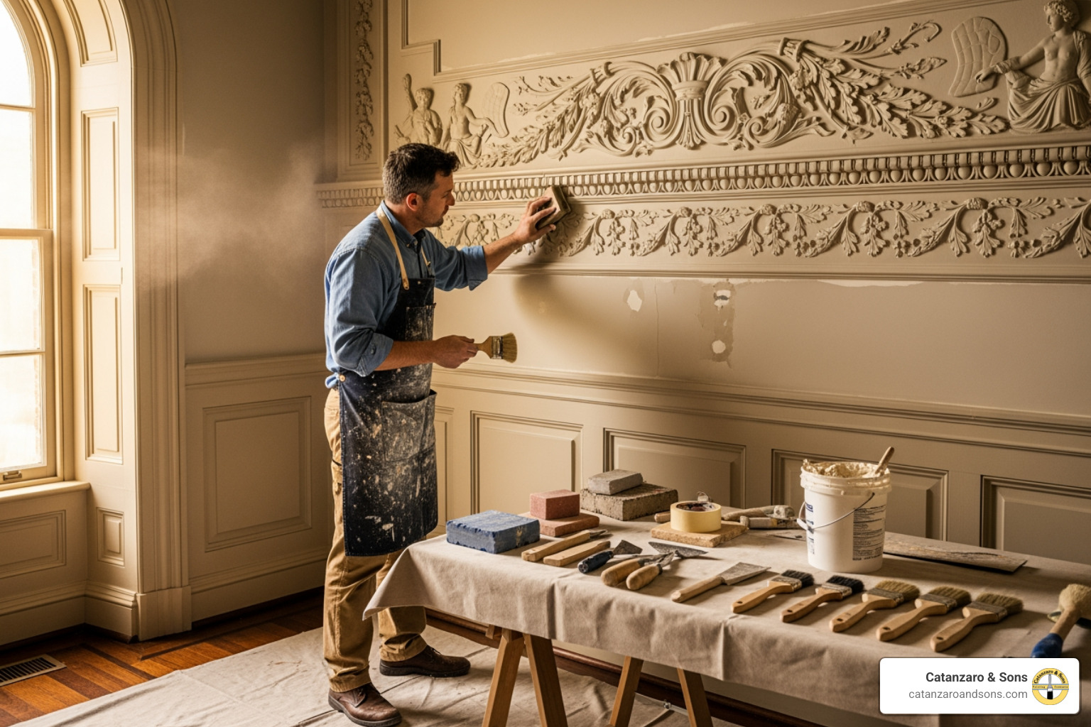 A painter carefully preparing a wall with intricate plaster details in a historic home, highlighting the importance of prep work - Cost to paint walls