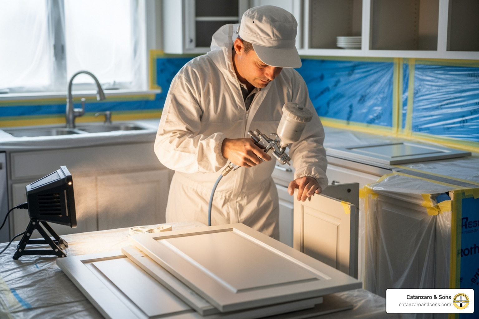 Image showcasing a painter refinishing kitchen cabinets - residential painting barrington