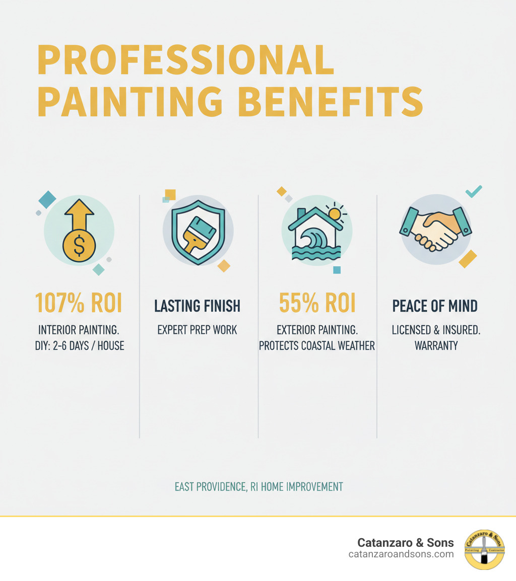 Infographic showing professional painting benefits: 107% ROI for interior painting vs DIY time investment of 2-6 days for whole house; professional surface preparation ensures lasting finish; exterior painting adds 55% ROI and protects against coastal weather damage; licensed contractors provide insurance protection and warranty guarantees - east providence ri painters infographic 