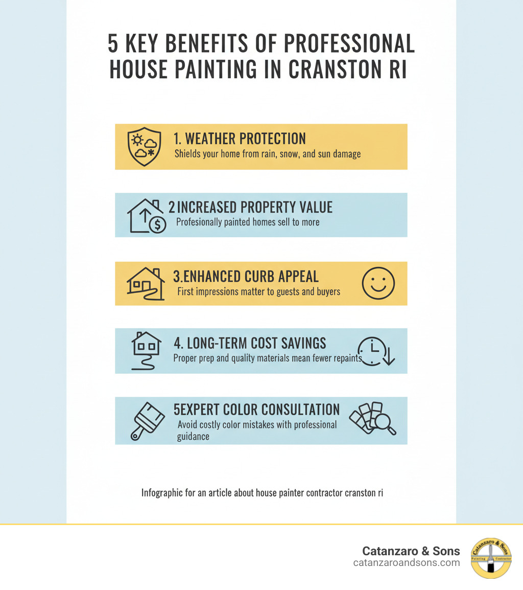 Infographic showing 5 key benefits of professional house painting in Cranston RI: 1. Weather Protection - shields your home from rain, snow, and sun damage; 2. Increased Property Value - professionally painted homes sell for more; 3. Enhanced Curb Appeal - first impressions matter to guests and buyers; 4. Long-term Cost Savings - proper prep and quality materials mean fewer repaints; 5. Expert Color Consultation - avoid costly color mistakes with professional guidance - house painter contractor cranston ri infographic 