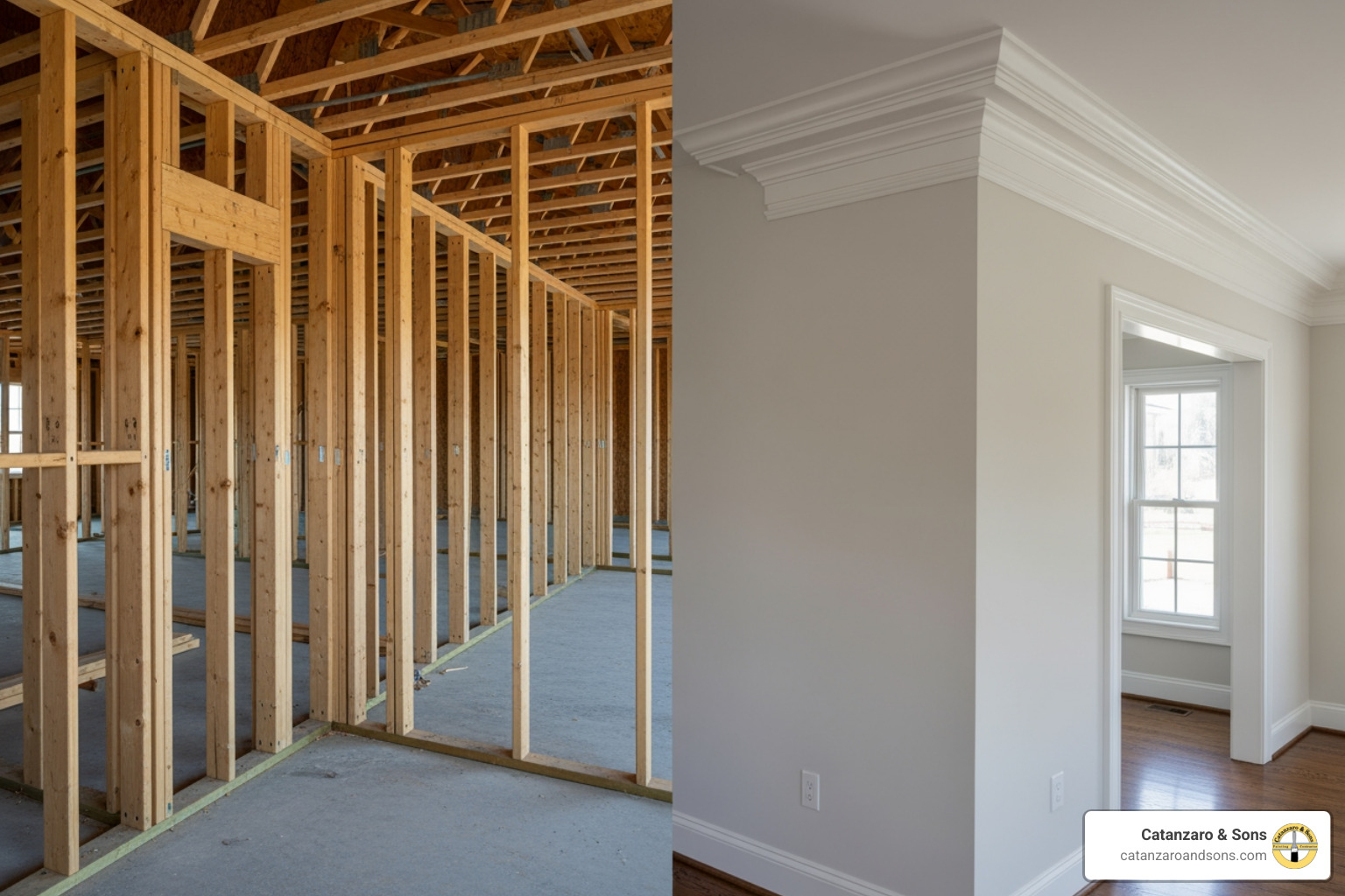 Home's wood framing (rough carpentry) next to detailed crown molding (finish carpentry) - carpentry services ri