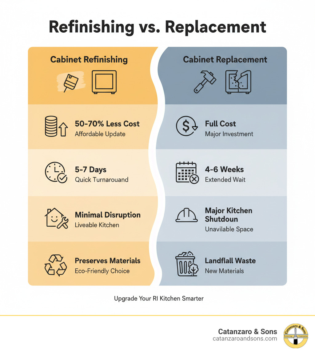 Infographic comparing cabinet refinishing vs. replacement showing cost savings of 50-70%, timeline of 5-7 days vs. 4-6 weeks, minimal disruption vs. major kitchen shutdown, and environmental impact of preserving existing materials vs. landfill waste - cabinet refinishing RI infographic Infographic comparing cabinet refinishing vs. replacement showing cost savings of 50-70%, timeline of 5-7 days vs. 4-6 weeks, minimal disruption vs. major kitchen shutdown, and environmental impact of preserving existing materials vs. landfill waste - cabinet refinishing RI infographic