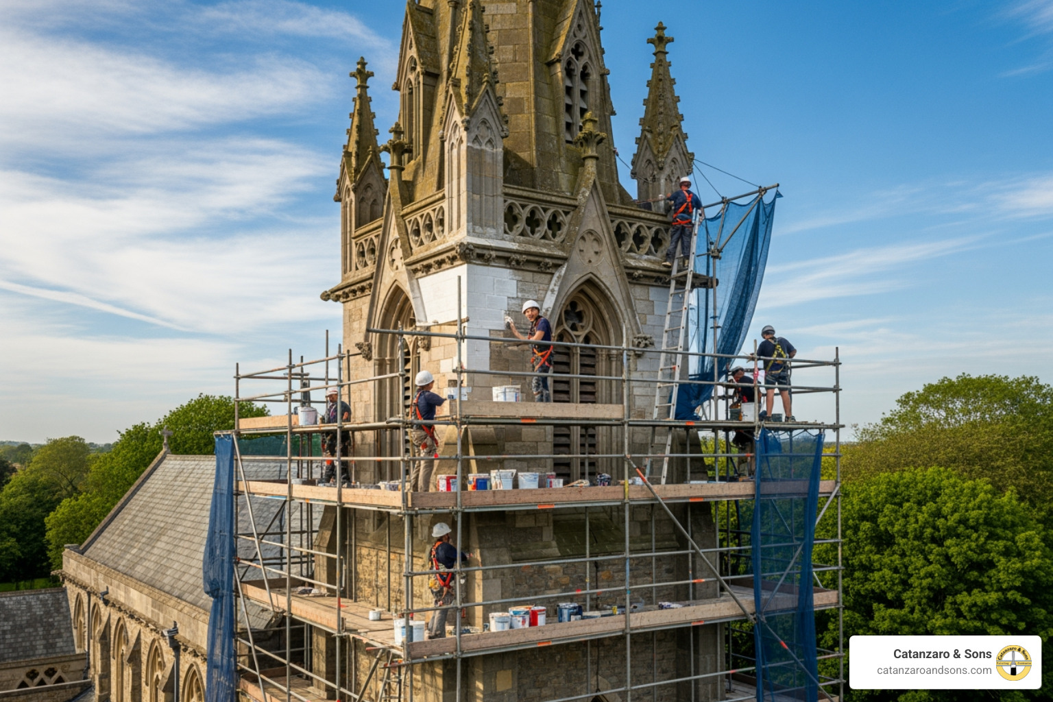 Painters safely working on scaffolding on a church steeple - church painters