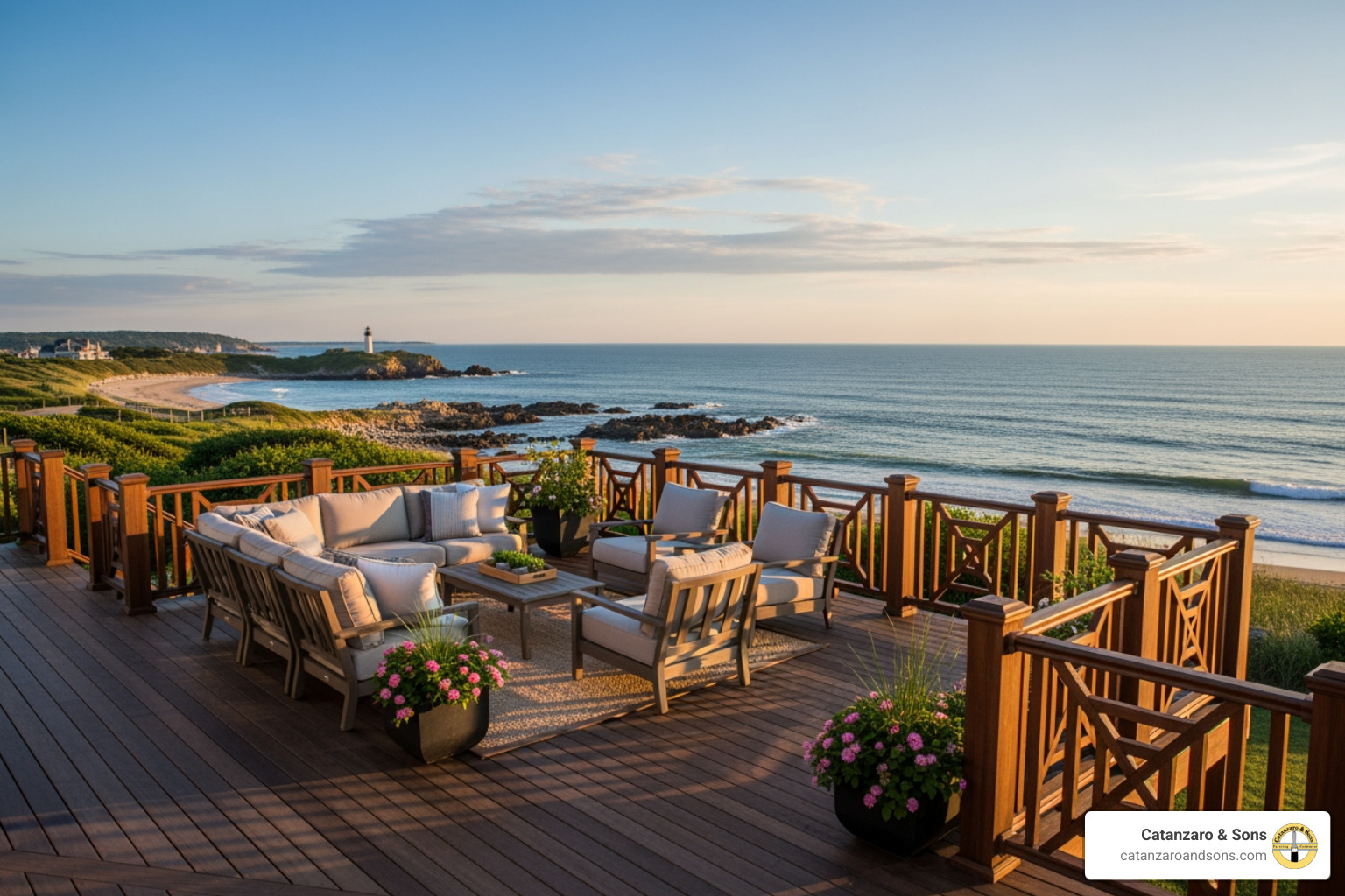 Custom-built deck overlooking a coastal view in Rhode Island - carpentry services ri