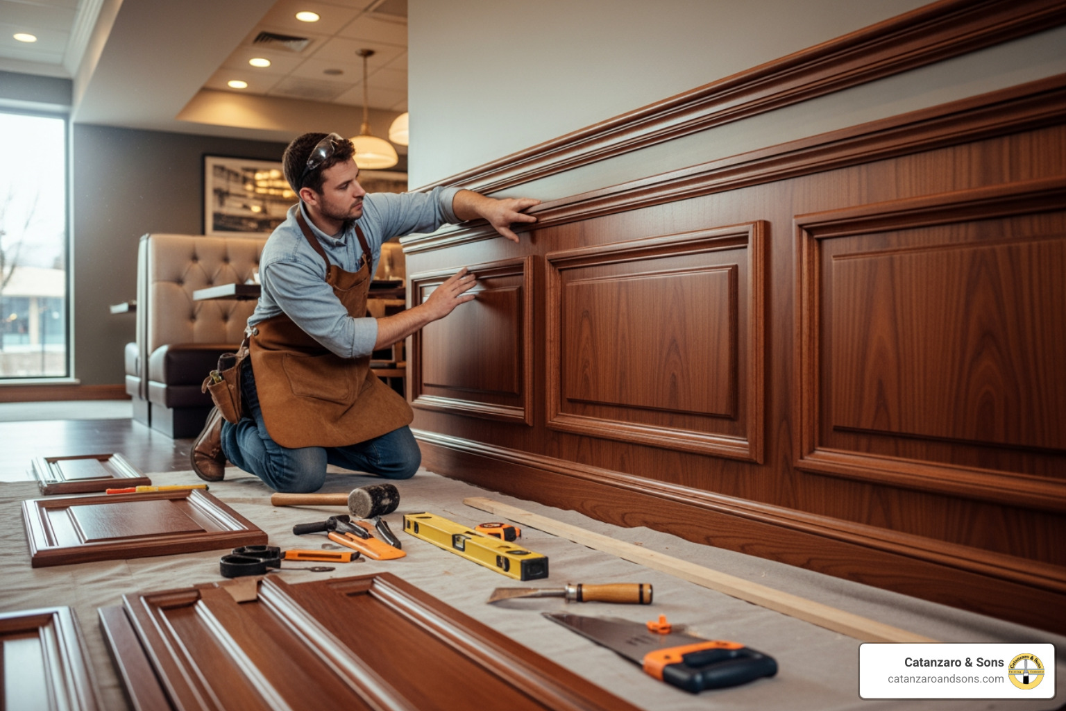 craftsman installing intricate wainscoting in a restaurant - Trim carpentry services craftsman installing intricate wainscoting in a restaurant - Trim carpentry services