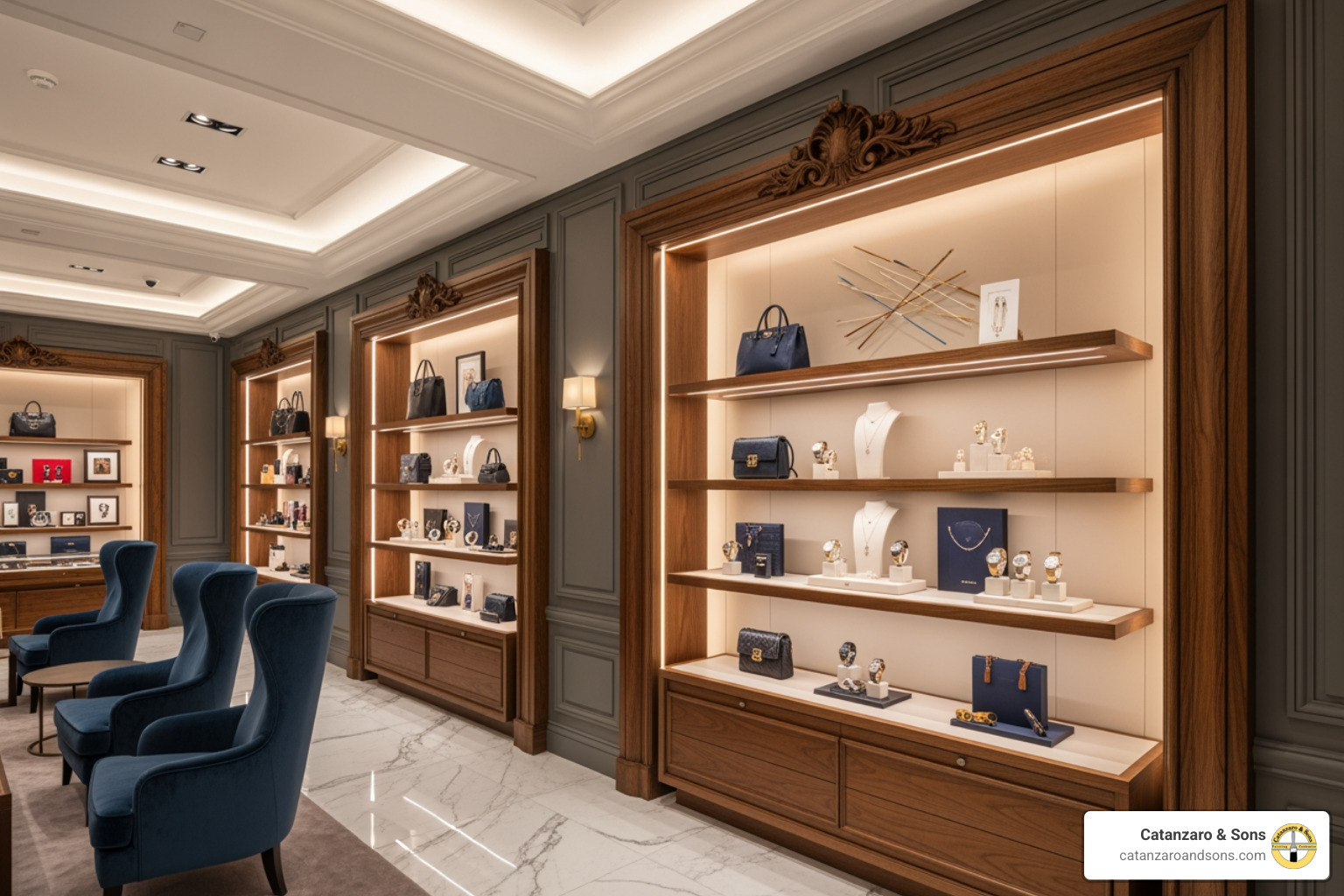 high-end retail store interior highlighting custom trim work around displays - Trim carpentry services high-end retail store interior highlighting custom trim work around displays - Trim carpentry services