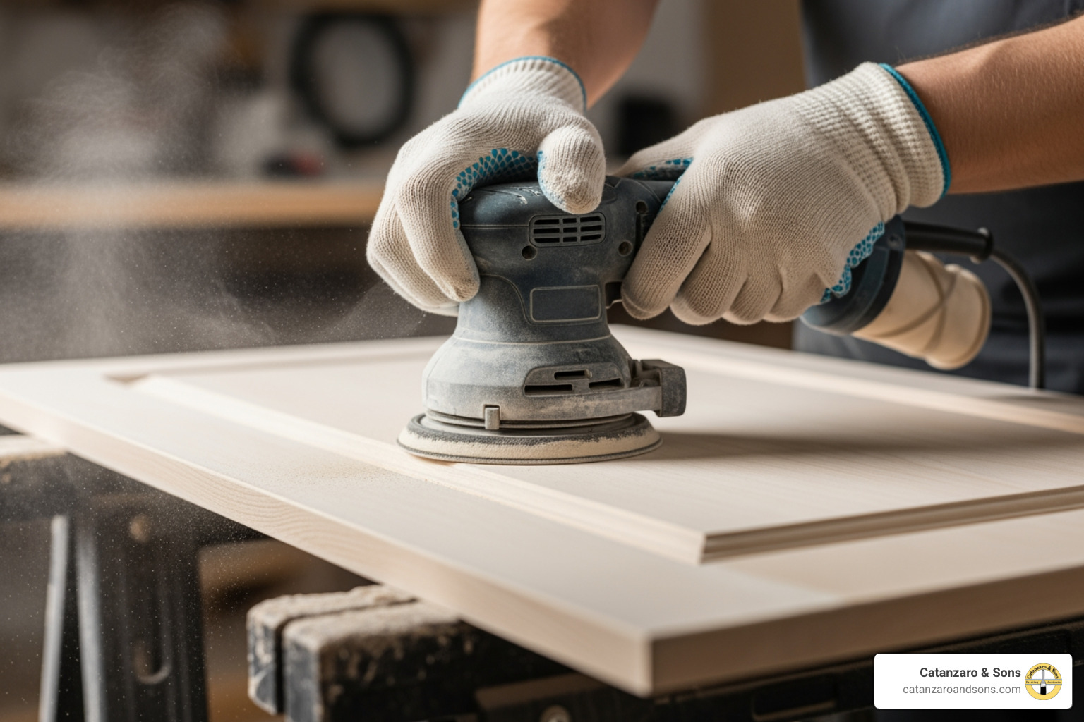 Painter sanding cabinet door - cabinet refinishing RI Painter sanding cabinet door - cabinet refinishing RI