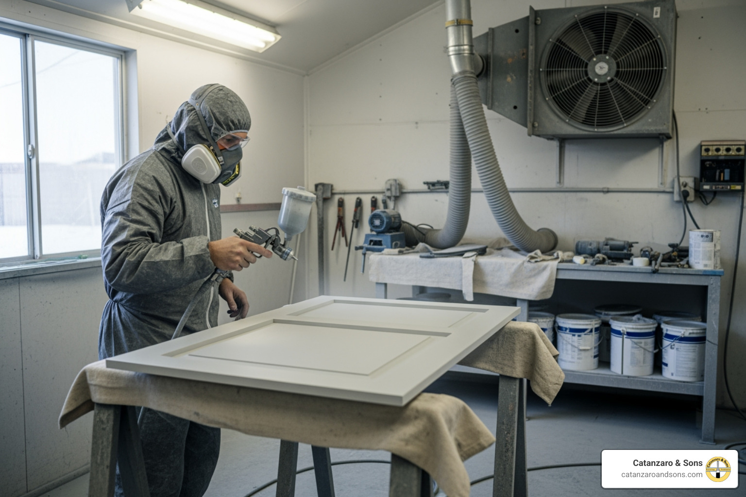 Cabinet doors being spray-painted - cabinet refinishing RI Cabinet doors being spray-painted - cabinet refinishing RI