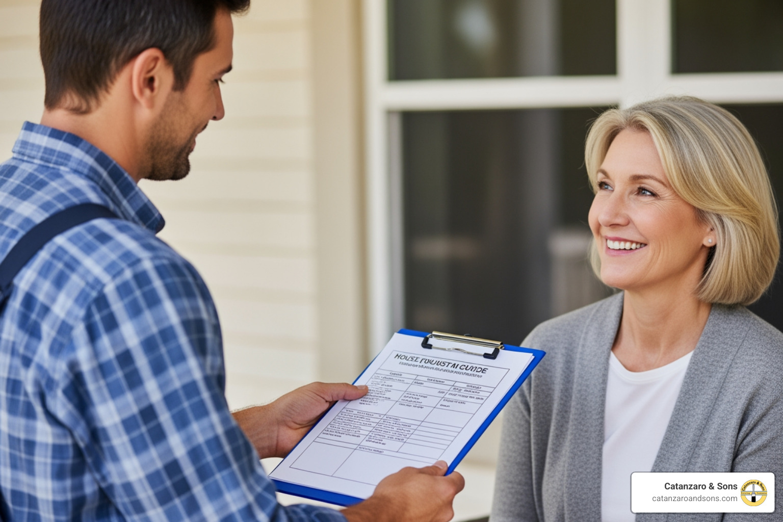 A painter handing a detailed quote to a smiling homeowner. - house painter contractor cranston ri
