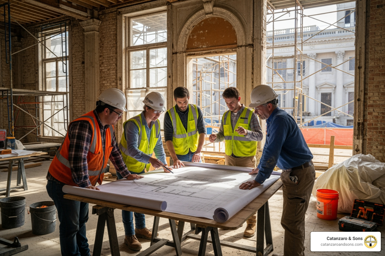 Team collaborating on-site with blueprints - Historic restoration services