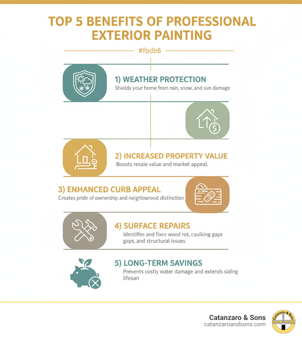 Infographic showing the top 5 benefits of professional exterior painting: 1) Weather Protection - shields your home from rain, snow, and sun damage, 2) Increased Property Value - boosts resale value and market appeal, 3) Enhanced Curb Appeal - creates pride of ownership and neighborhood distinction, 4) Surface Repairs - identifies and fixes wood rot, caulking gaps, and structural issues, 5) Long-Term Savings - prevents costly water damage and extends siding lifespan - exterior painting services infographic Infographic showing the top 5 benefits of professional exterior painting: 1) Weather Protection - shields your home from rain, snow, and sun damage, 2) Increased Property Value - boosts resale value and market appeal, 3) Enhanced Curb Appeal - creates pride of ownership and neighborhood distinction, 4) Surface Repairs - identifies and fixes wood rot, caulking gaps, and structural issues, 5) Long-Term Savings - prevents costly water damage and extends siding lifespan - exterior painting services infographic