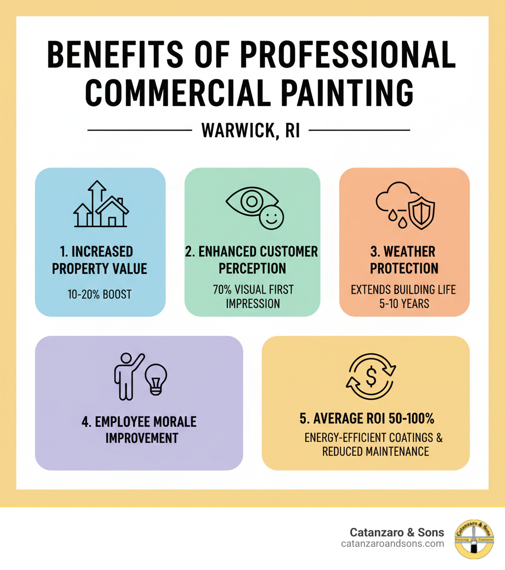 Infographic showing the benefits of professional commercial painting: 1) Increased property value (10-20% boost), 2) Enhanced customer perception (70% of first impressions are visual), 3) Weather protection (extends building life 5-10 years), 4) Employee morale improvement, 5) Average ROI of 50-100% for commercial properties in Warwick, RI, including cost savings from energy-efficient coatings and reduced maintenance - commercial painters Warwick RI infographic Infographic showing the benefits of professional commercial painting: 1) Increased property value (10-20% boost), 2) Enhanced customer perception (70% of first impressions are visual), 3) Weather protection (extends building life 5-10 years), 4) Employee morale improvement, 5) Average ROI of 50-100% for commercial properties in Warwick, RI, including cost savings from energy-efficient coatings and reduced maintenance - commercial painters Warwick RI infographic