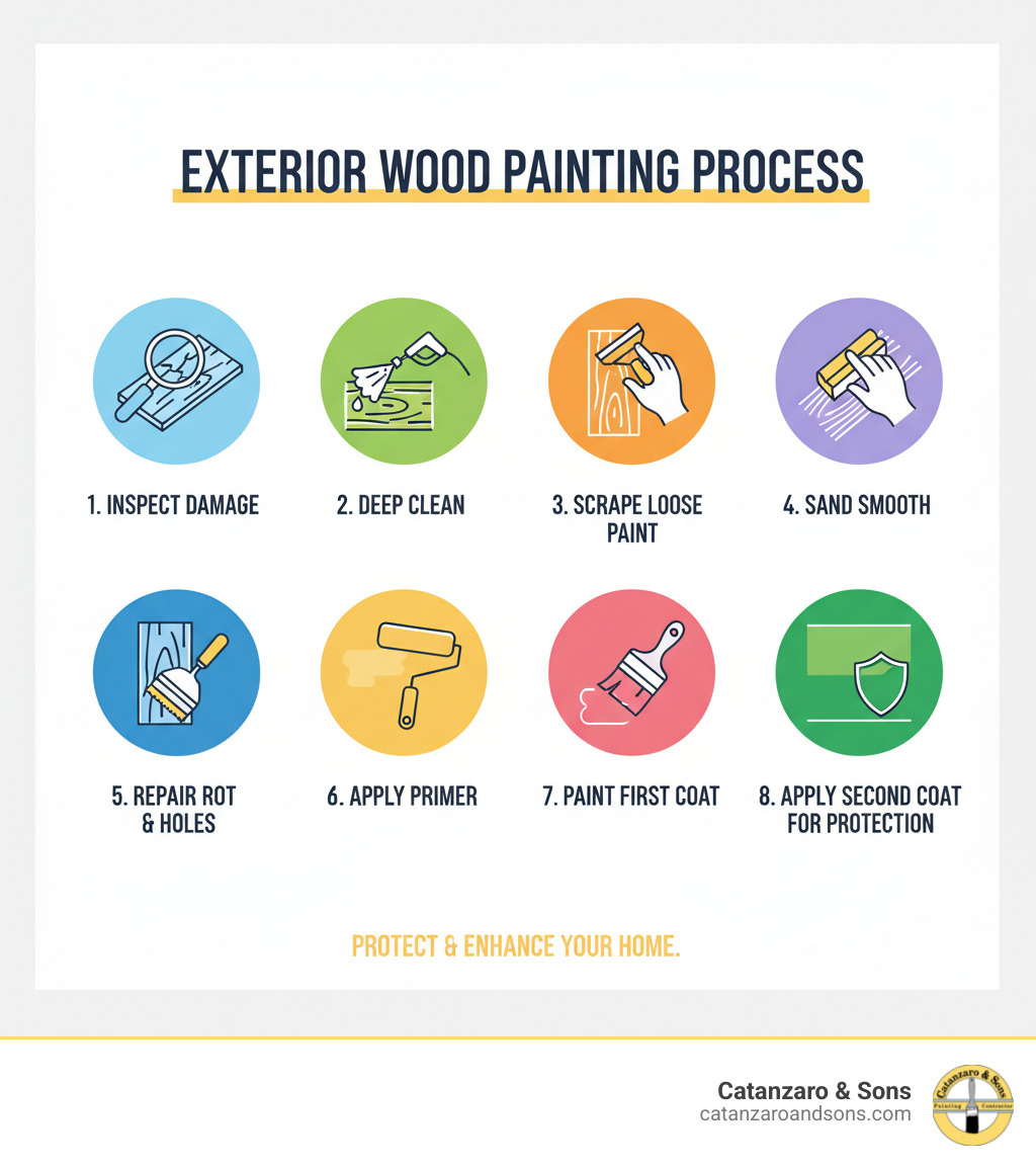 infographic showing 8 key steps of exterior wood painting: 1) Inspect and identify damage, 2) Deep clean with pressure washer, 3) Scrape loose paint, 4) Sand smooth and feather edges, 5) Repair rot and fill holes, 6) Apply oil-based primer, 7) Paint first topcoat, 8) Apply second topcoat for protection - exterior wood painting infographic infographic showing 8 key steps of exterior wood painting: 1) Inspect and identify damage, 2) Deep clean with pressure washer, 3) Scrape loose paint, 4) Sand smooth and feather edges, 5) Repair rot and fill holes, 6) Apply oil-based primer, 7) Paint first topcoat, 8) Apply second topcoat for protection - exterior wood painting infographic