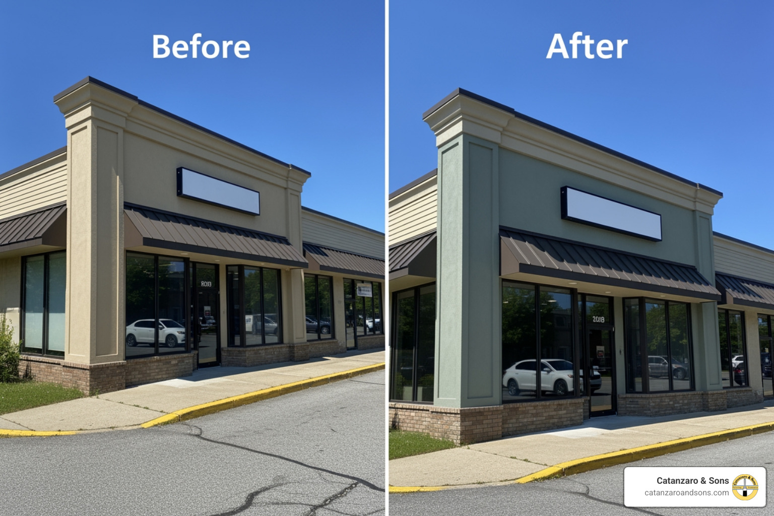 Before and after shot of a commercial building's exterior in Rhode Island, showing a significant improvement in curb appeal - commercial painters Warwick RI Before and after shot of a commercial building's exterior in Rhode Island, showing a significant improvement in curb appeal - commercial painters Warwick RI