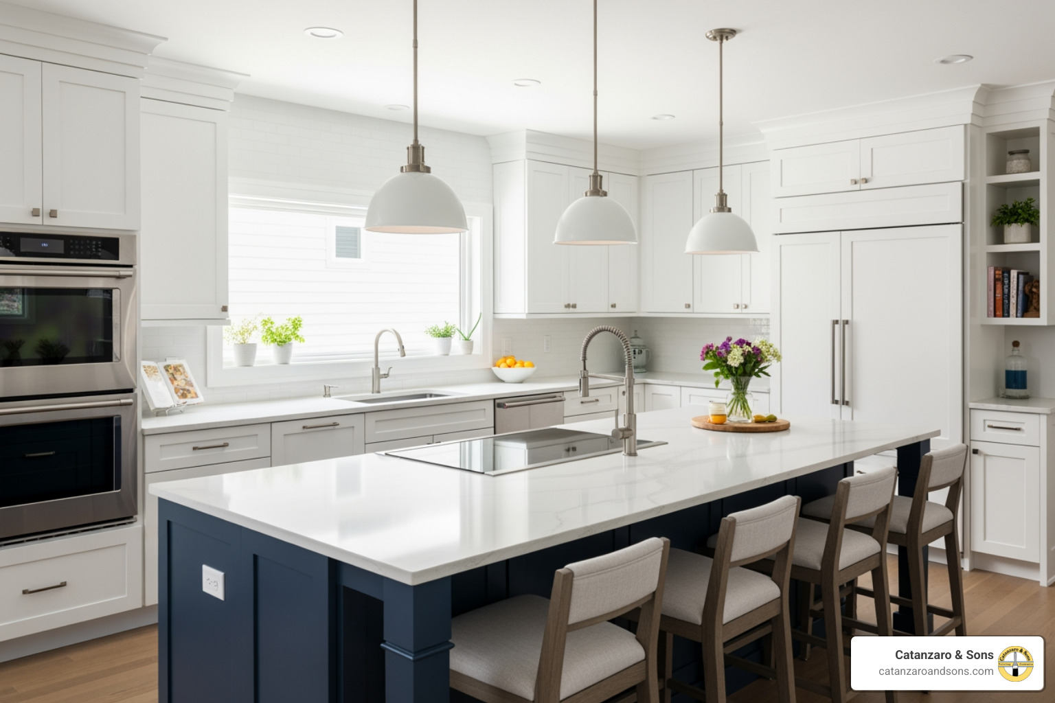 A kitchen showcasing a popular two-tone cabinet color scheme with a navy island and white perimeter cabinets - Kitchen cabinet painting RI