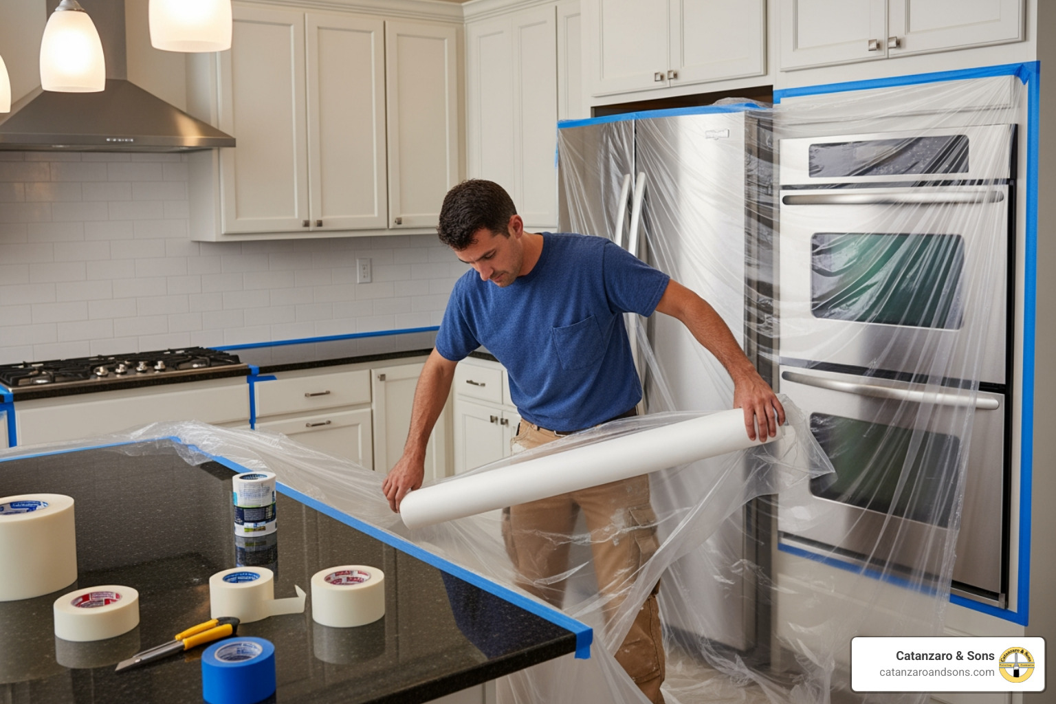 A painter carefully taping and masking countertops and appliances in a kitchen - Kitchen cabinet painting RI
