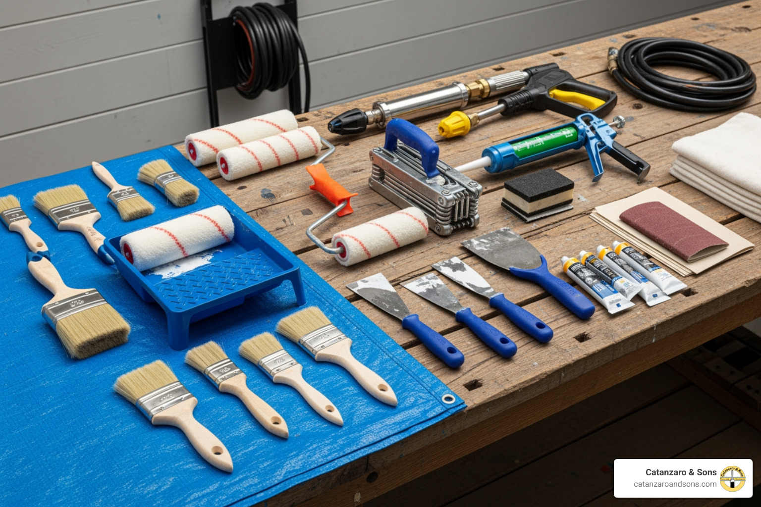 well-organized set of painting tools - exterior wood painting well-organized set of painting tools - exterior wood painting