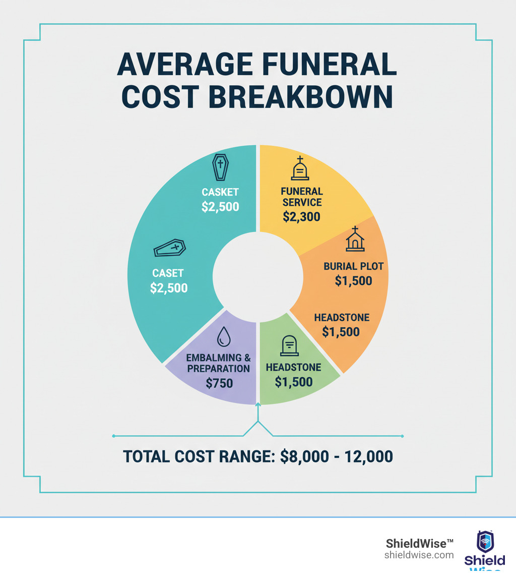 infographic showing the average funeral cost breakdown: funeral service $2,300, casket $2,500, embalming and preparation $750, burial plot $1,500, headstone $1,500, with total ranging from $8,000 to $12,000 - final expense quote online infographic 