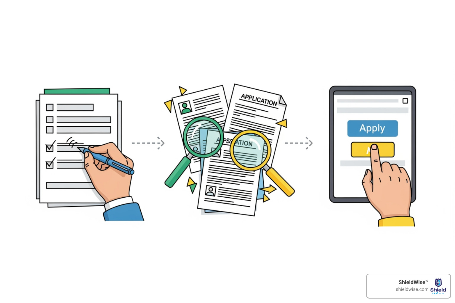 Illustration of three steps: 1. A hand filling out a form, 2. Two magnifying glasses comparing documents, 3. A finger pressing an "Apply" button. - final expense quote online