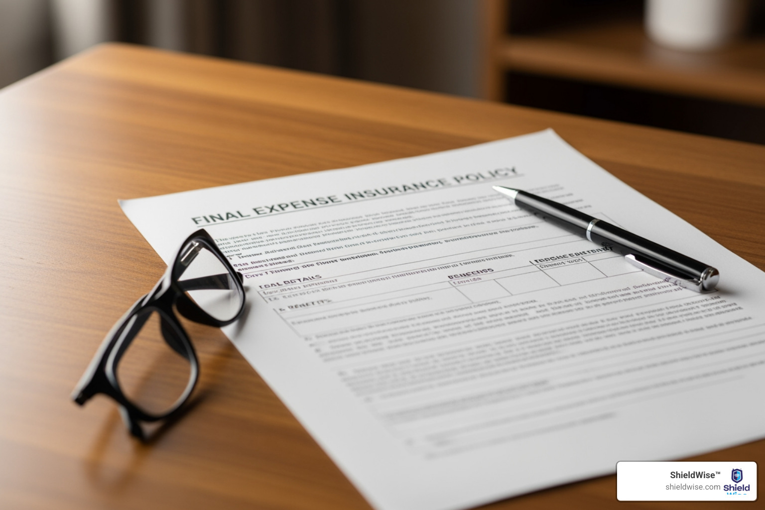 A document titled "Final Expense Insurance Policy" with a pen and glasses. - final expense quote online