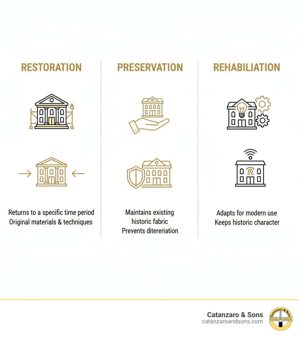 Infographic showing three columns: 'Restoration' (returning building to specific time period with original materials and techniques), 'Preservation' (maintaining existing historic fabric and preventing deterioration), and 'Rehabilitation' (adapting property for modern use while keeping historic character) - Historic restoration services infographic 