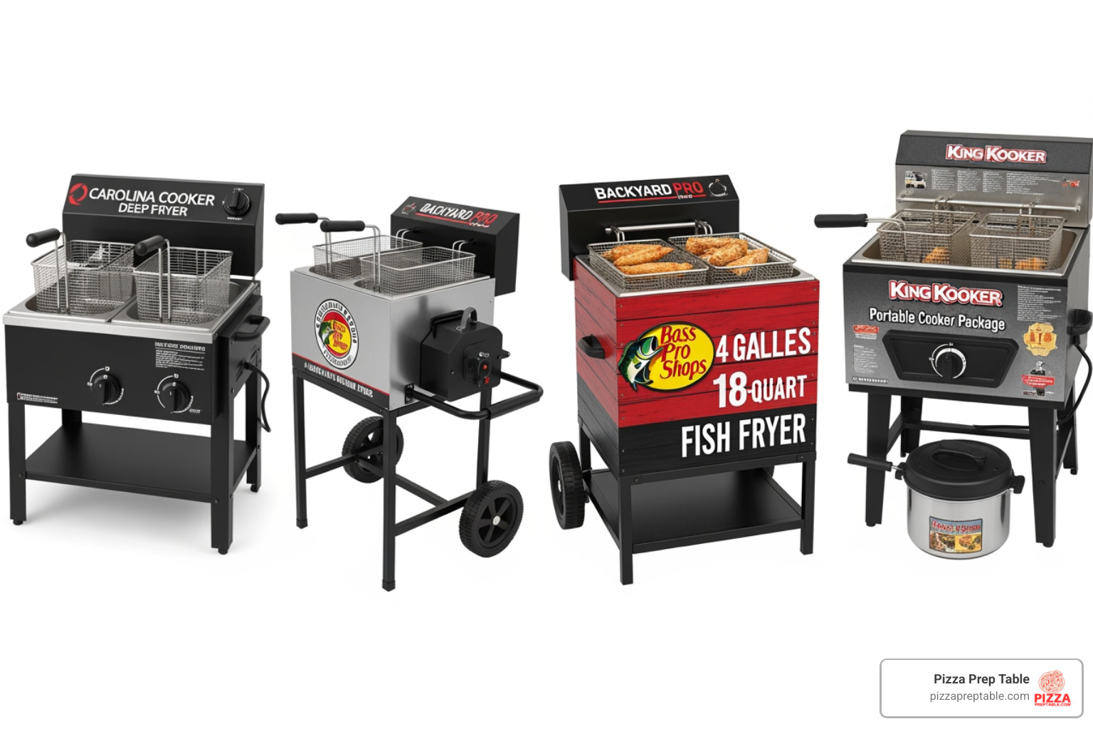 A collage image displaying four different outdoor propane deep fryers side-by-side. From left to right: The Carolina Cooker Deep Fryer Cooker with its dual vats, the robust Backyard Pro 4 Gallon Fryer with its mobile stand, the classic Bass Pro Shops 18-Quart Fish Fryer, and the compact King Kooker Portable Cooker Package. - outdoor propane deep fryer