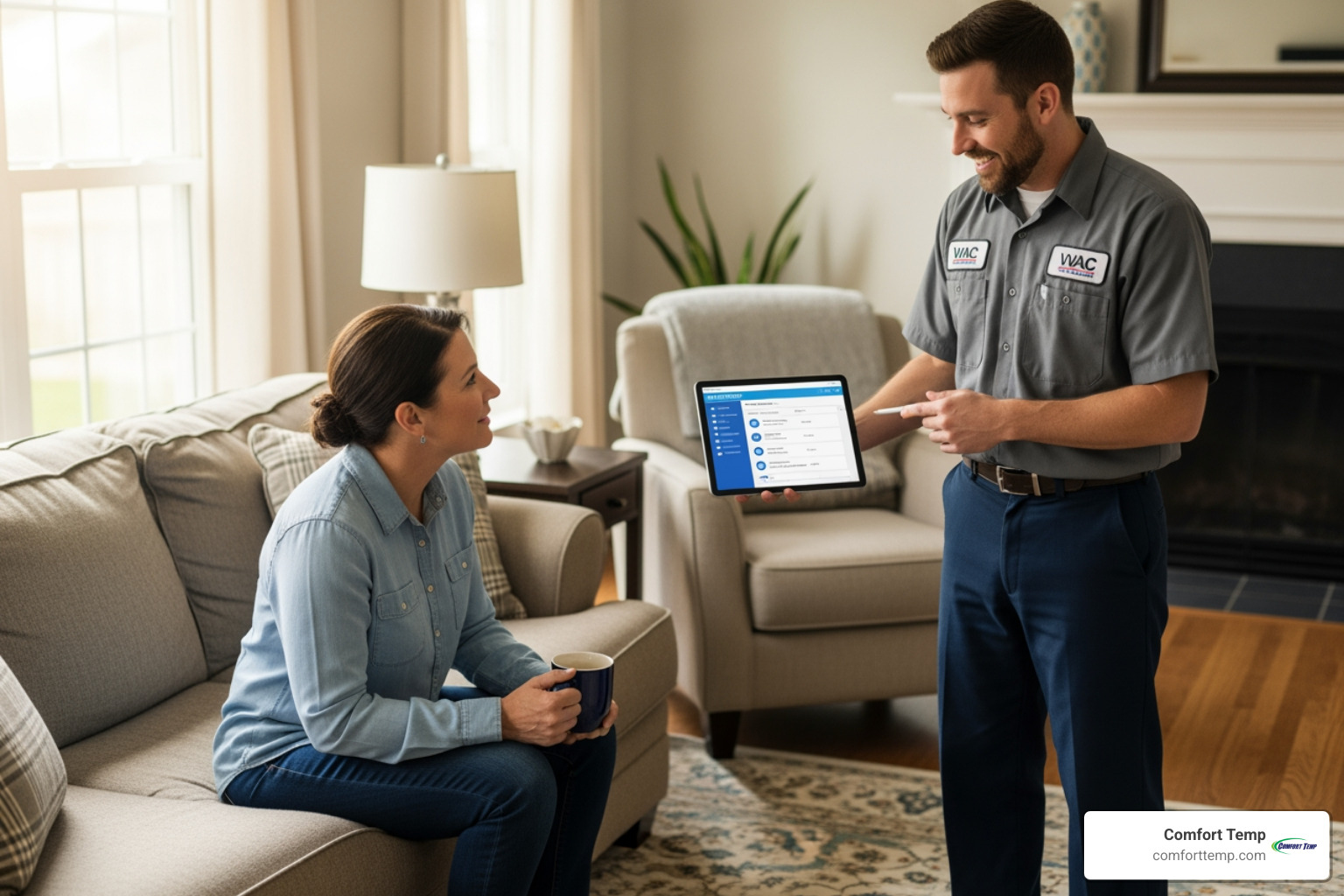 a technician using a tablet to show a homeowner an estimate - average cost to install furnace and air conditioner a technician using a tablet to show a homeowner an estimate - average cost to install furnace and air conditioner