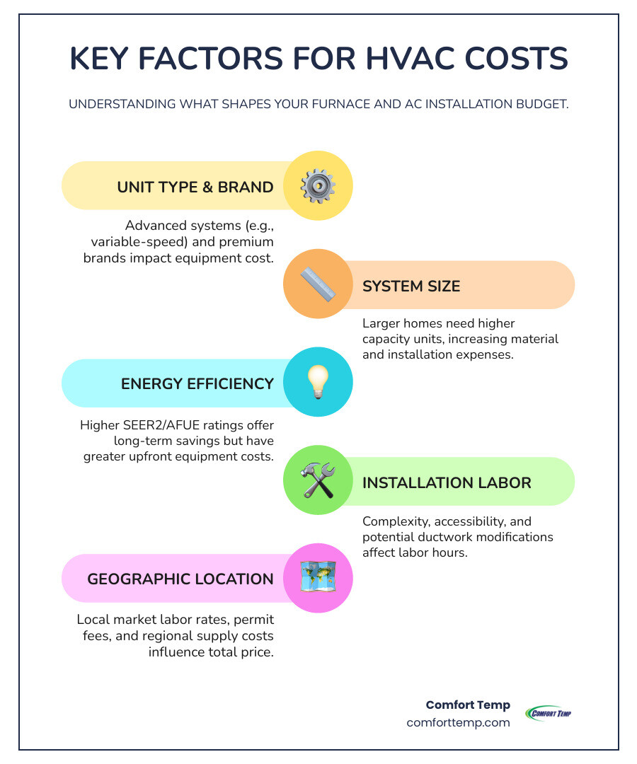 Infographic showing five main factors affecting HVAC replacement cost: Unit Type, Size, Efficiency, Labor, and Location - average cost to install furnace and air conditioner infographic infographic-line-5-steps-colors Infographic showing five main factors affecting HVAC replacement cost: Unit Type, Size, Efficiency, Labor, and Location - average cost to install furnace and air conditioner infographic infographic-line-5-steps-colors