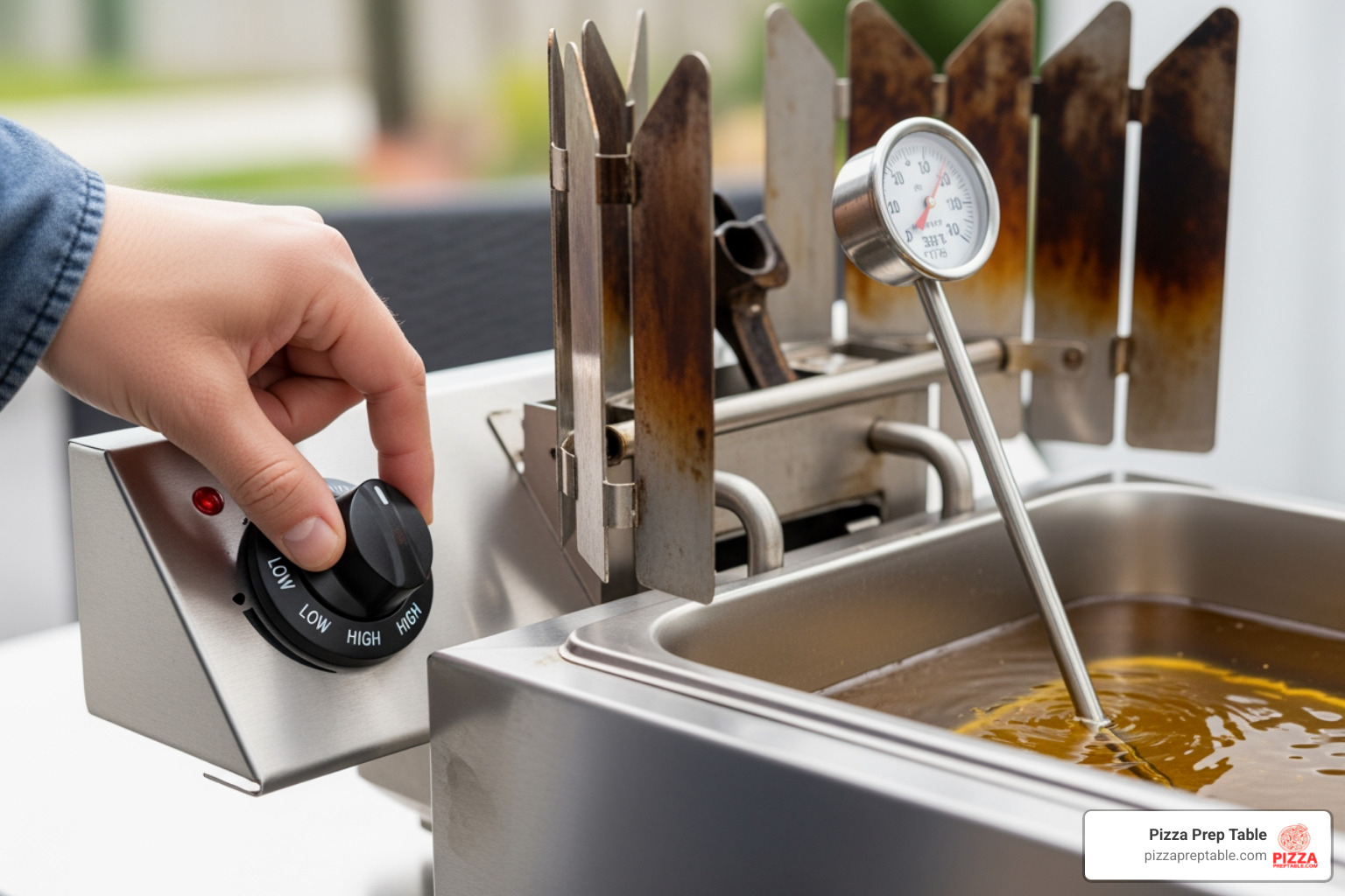A person's hand adjusts the temperature dial on an outdoor propane deep fryer, with a prominent long-stem thermometer inserted into the oil, displaying the current temperature. Wind guards are visible around the burner. - outdoor propane deep fryer