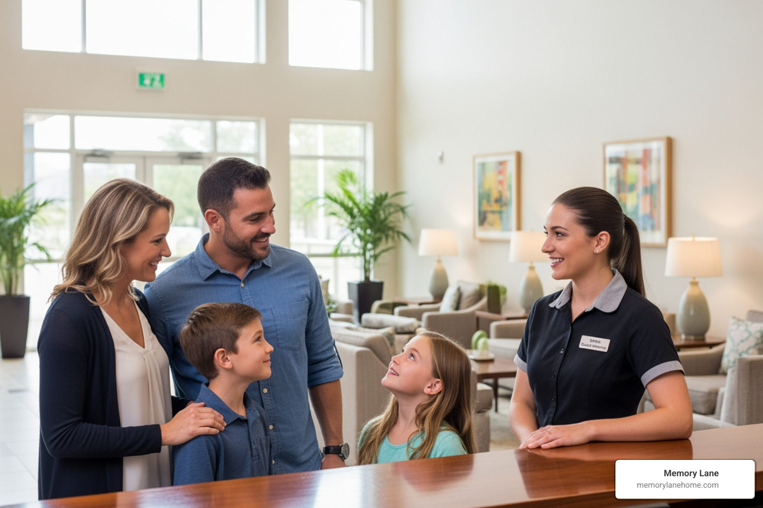 family speaking with a caring staff member in a bright, welcoming lobby - assisted living mi
