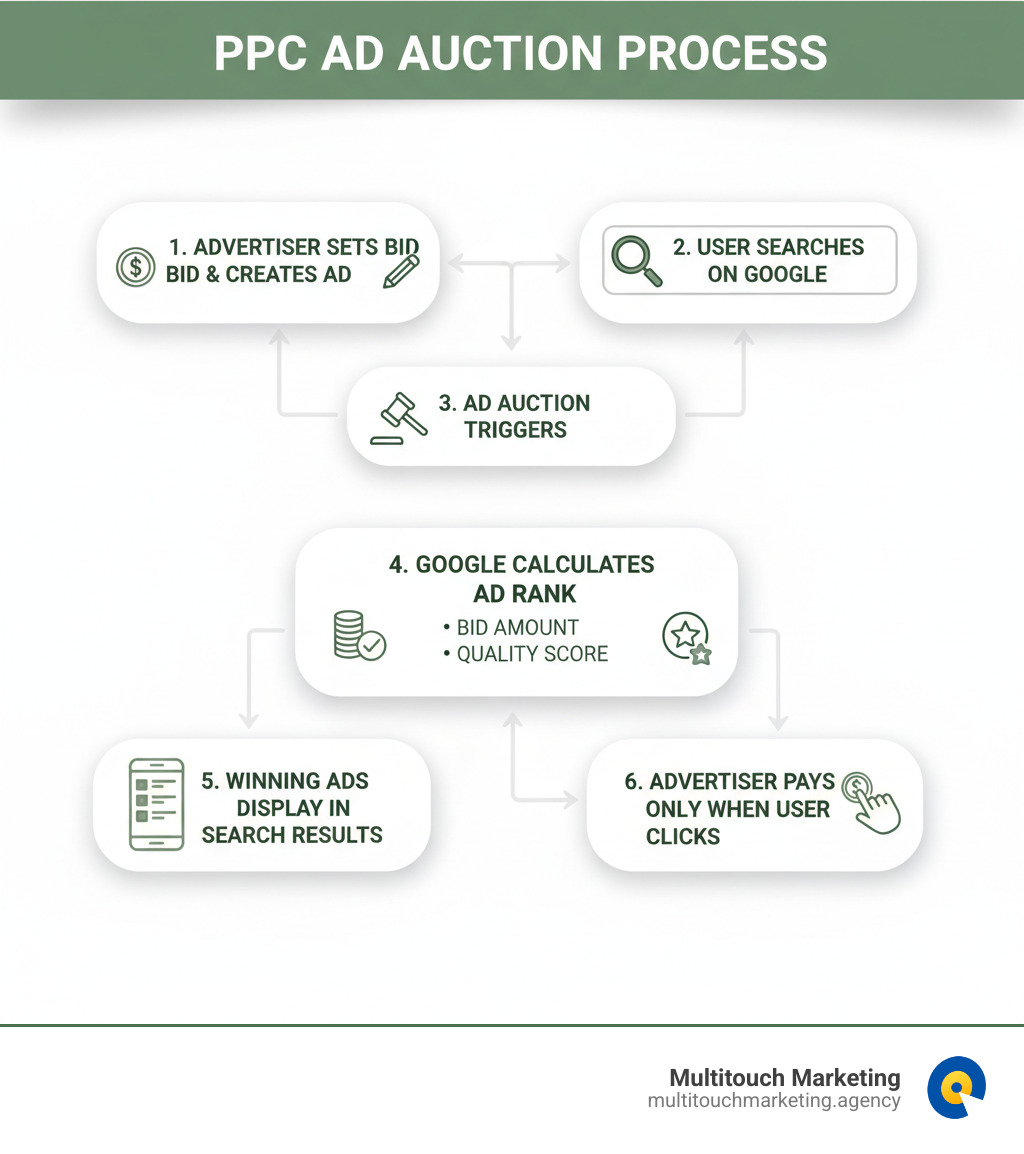 Infographic showing the PPC ad auction process: Advertiser sets bid and creates ad, User searches on Google, Ad auction triggers, Google calculates Ad Rank based on bid amount and Quality Score, Winning ads display in search results, Advertiser pays only when user clicks - PPC advertising solutions infographic Infographic showing the PPC ad auction process: Advertiser sets bid and creates ad, User searches on Google, Ad auction triggers, Google calculates Ad Rank based on bid amount and Quality Score, Winning ads display in search results, Advertiser pays only when user clicks - PPC advertising solutions infographic