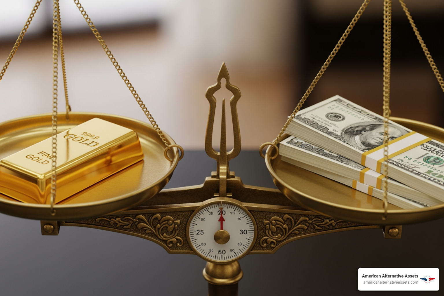 scale balancing gold bar and stack of cash - investing in precious metals IRA