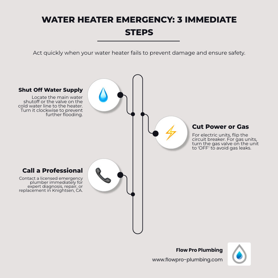 Infographic showing three emergency steps: Step 1 - Locate and turn off the cold water supply valve on top of the water heater by turning clockwise. Step 2 - Shut off power by flipping the circuit breaker for electric units or turning the gas control valve to OFF for gas models. Step 3 - Move belongings away from the area and call a licensed emergency plumber immediately for professional assessment and repair. - emergency water heaters in knightsen, ca infographic infographic-line-3-steps-elegant_beige Infographic showing three emergency steps: Step 1 - Locate and turn off the cold water supply valve on top of the water heater by turning clockwise. Step 2 - Shut off power by flipping the circuit breaker for electric units or turning the gas control valve to OFF for gas models. Step 3 - Move belongings away from the area and call a licensed emergency plumber immediately for professional assessment and repair. - emergency water heaters in knightsen, ca infographic infographic-line-3-steps-elegant_beige