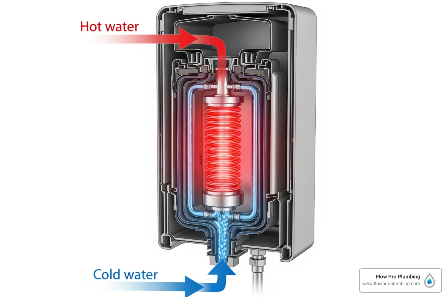 Infographic showing how tankless water heaters work: cold water enters the unit, flows through a heat exchanger activated by water flow, gas burner or electric element heats the exchanger instantly, and hot water exits at your desired temperature on demand without storing water in a tank - tankless water heaters byron ca Infographic showing how tankless water heaters work: cold water enters the unit, flows through a heat exchanger activated by water flow, gas burner or electric element heats the exchanger instantly, and hot water exits at your desired temperature on demand without storing water in a tank - tankless water heaters byron ca