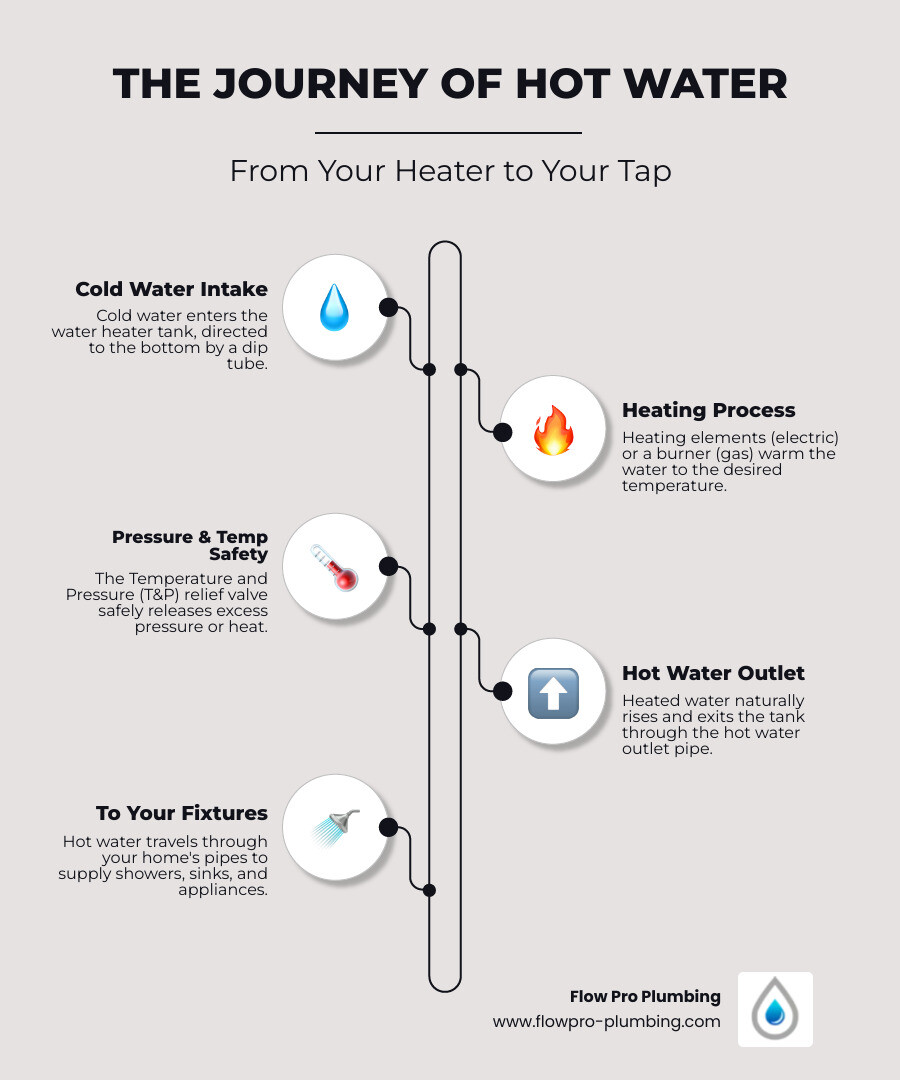 Infographic showing the journey of hot water from the water heater through pipes to household fixtures like showers, sinks, and washing machines, with callouts indicating key components like the heating element, temperature and pressure relief valve, and shut-off valve - water heaters clayton ca infographic infographic-line-5-steps-elegant_beige Infographic showing the journey of hot water from the water heater through pipes to household fixtures like showers, sinks, and washing machines, with callouts indicating key components like the heating element, temperature and pressure relief valve, and shut-off valve - water heaters clayton ca infographic infographic-line-5-steps-elegant_beige