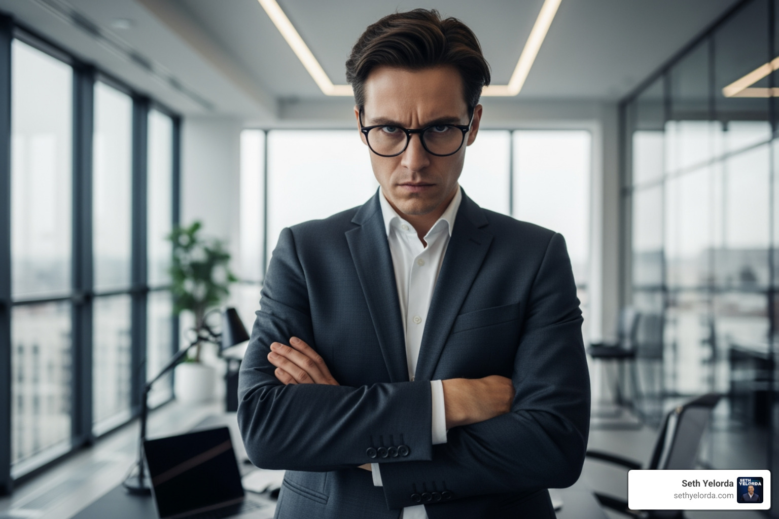 leader crossed arms stern face - communication blind spots