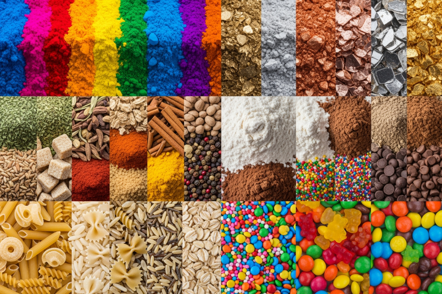 collage of processed materials like colorful pigments, metal powders, and food ingredients - thermal processing equipment
