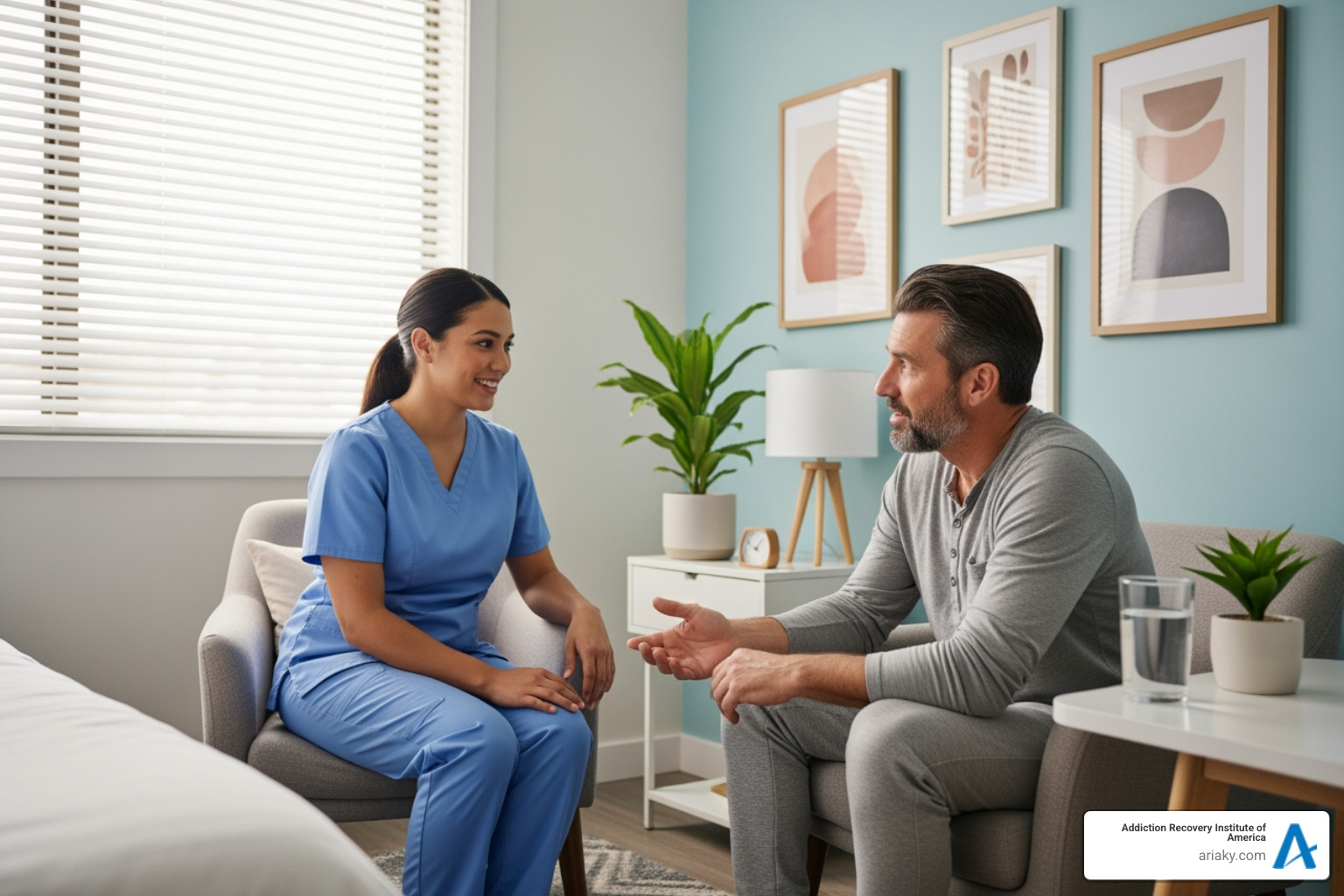compassionate nurse talking with a patient in a comfortable room - alcohol detox clinics