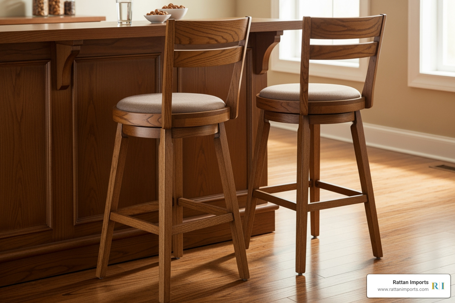 collage showing four different decor styles (Farmhouse, Industrial, Mid-Century, Coastal) with matching wood bar stools - wood bar stools set of 2