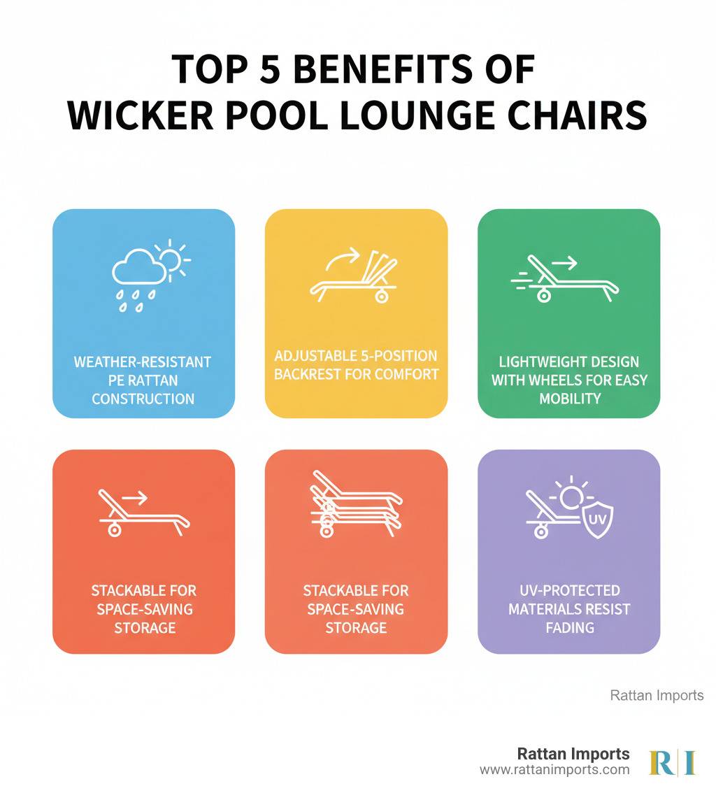 infographic showing the top 5 benefits of wicker pool lounge chairs: weather-resistant PE rattan construction, adjustable 5-position backrest for comfort, lightweight design with wheels for easy mobility, stackable for space-saving storage, and UV-protected materials that resist fading - pool lounge chairs wicker infographic 