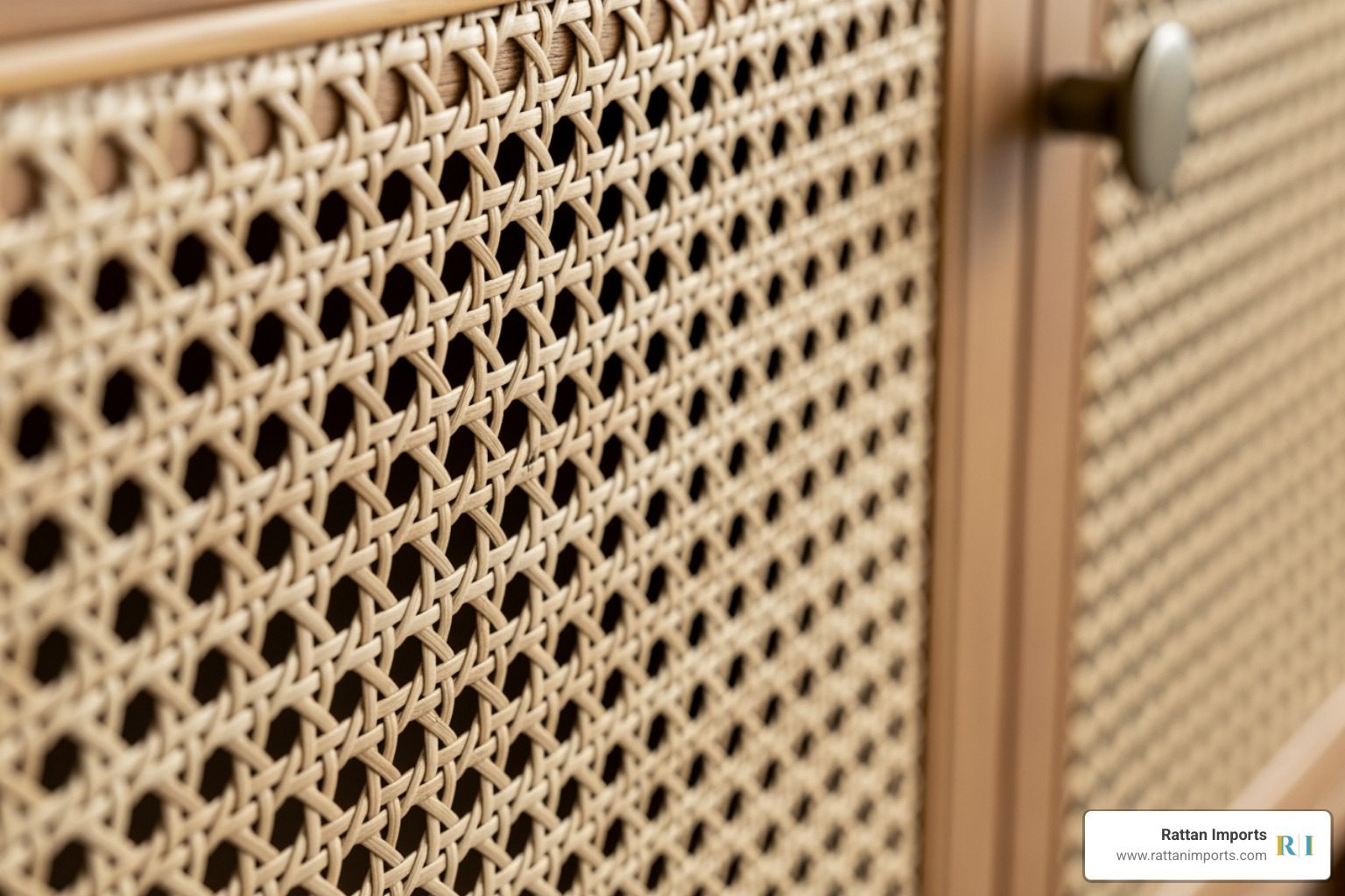close-up shot highlighting the intricate weave of a rattan door panel on a tv stand - Rattan TV stand