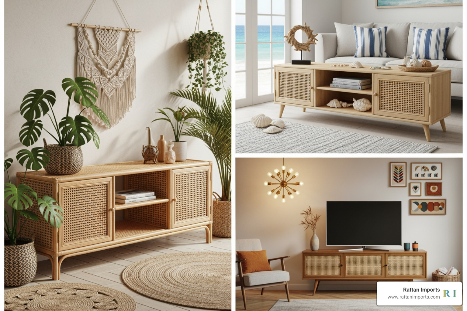 collage showcasing three different styles of rattan tv stands from rattan imports one bohemian one coastal and one mid-century modern - Rattan TV stand