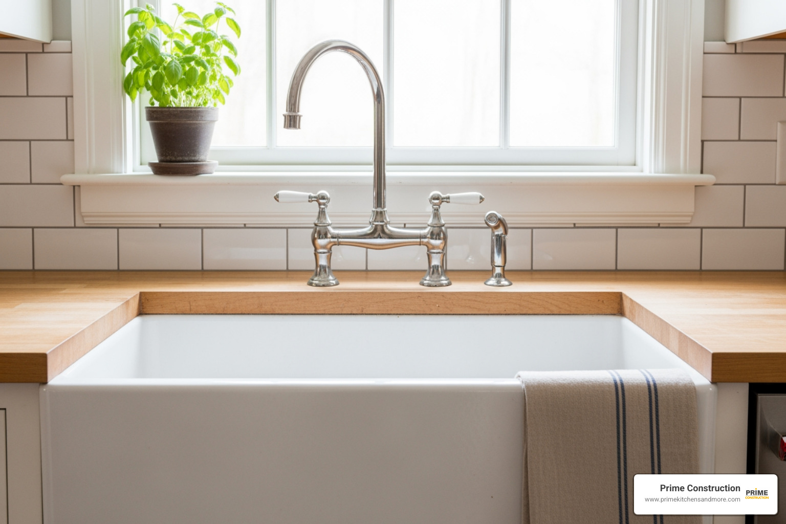of a classic farmhouse kitchen sink area with an apron-front sink, gooseneck faucet, and subway tile backsplash. - farmhouse kitchen remodel