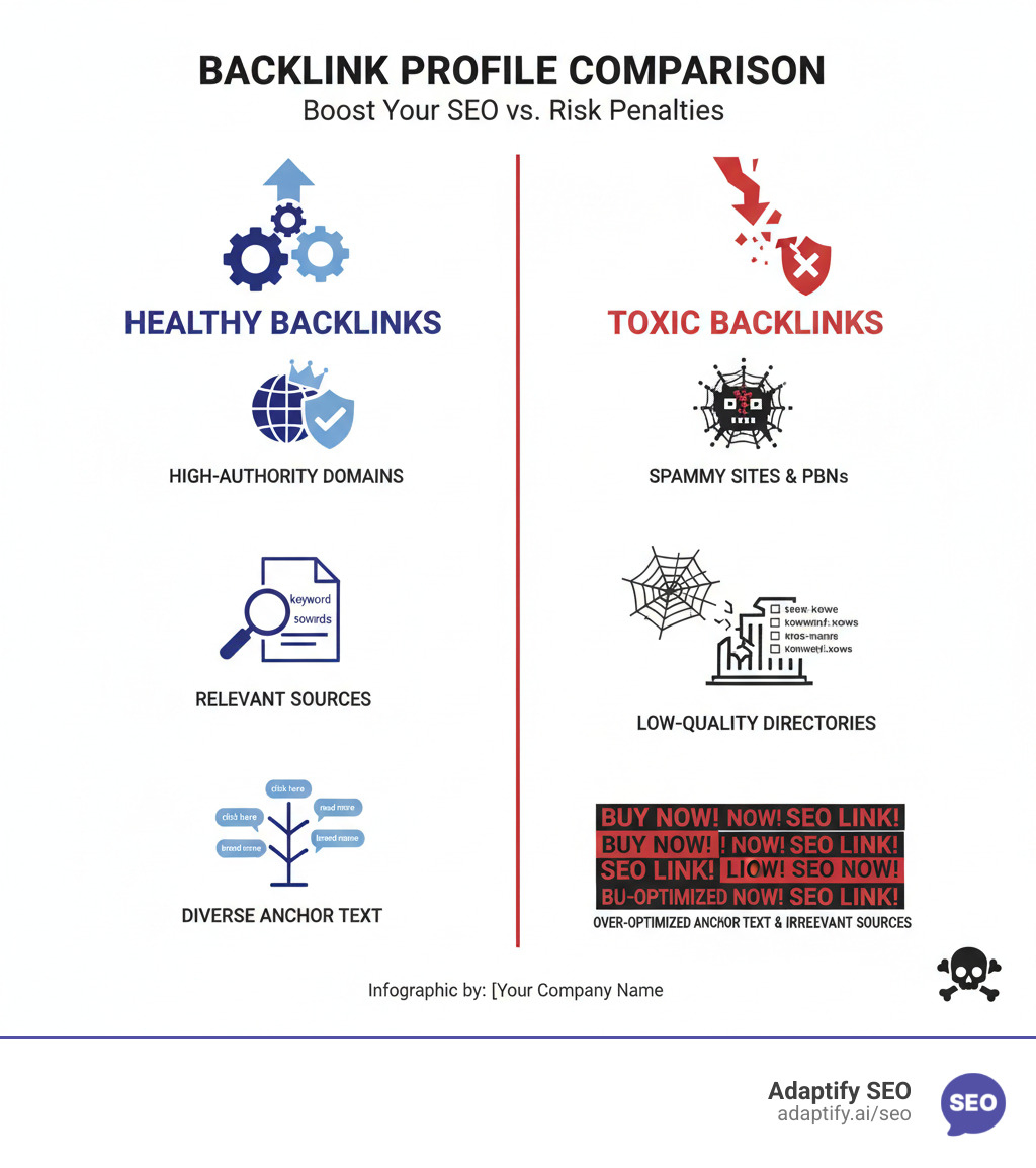 Infographic showing the comparison between a healthy backlink profile with high-authority, relevant domains and diverse anchor text versus a toxic backlink profile with spammy sites, PBNs, low-quality directories, over-optimized anchor text, and irrelevant sources - identify bad backlinks infographic 