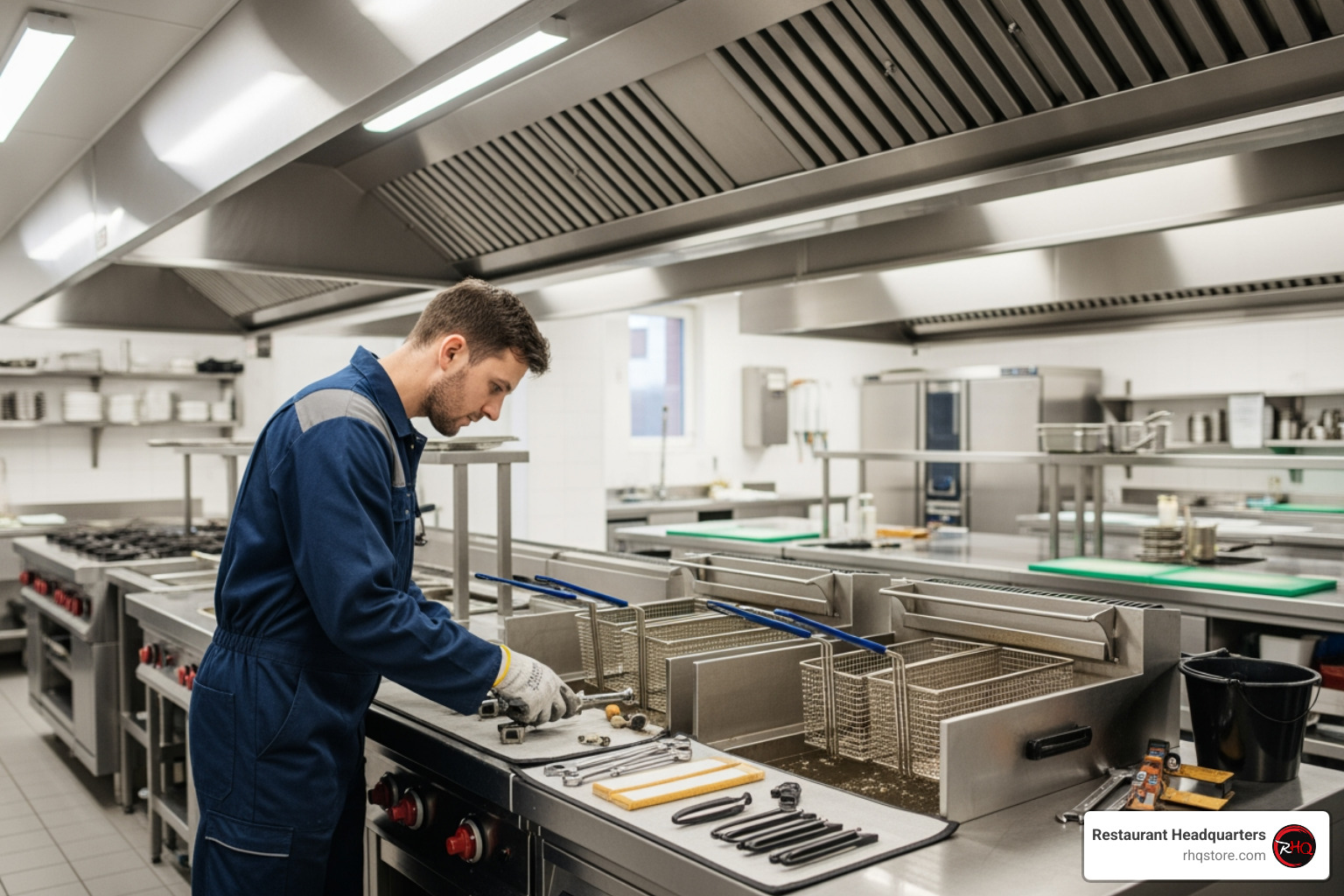 Technician replacing the filters on a ventless commercial fryer's filtration system