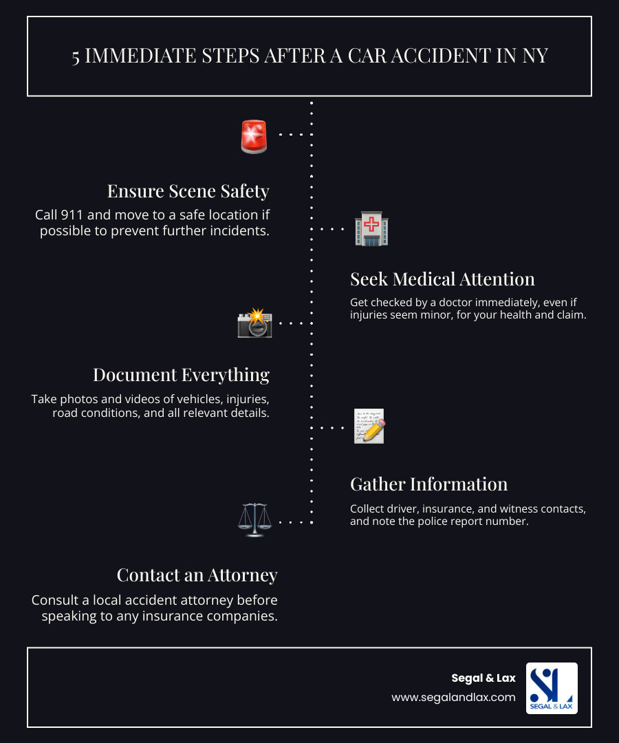 infographic showing 5 immediate steps after a car accident in New York: 1) Ensure scene safety and call 911, 2) Seek medical attention even for minor injuries, 3) Document everything with photos and videos, 4) Gather driver, insurance, and witness information, 5) Contact a local accident attorney before speaking to insurance companies - Accident attorney near me infographic infographic-line-5-steps-dark infographic showing 5 immediate steps after a car accident in New York: 1) Ensure scene safety and call 911, 2) Seek medical attention even for minor injuries, 3) Document everything with photos and videos, 4) Gather driver, insurance, and witness information, 5) Contact a local accident attorney before speaking to insurance companies - Accident attorney near me infographic infographic-line-5-steps-dark