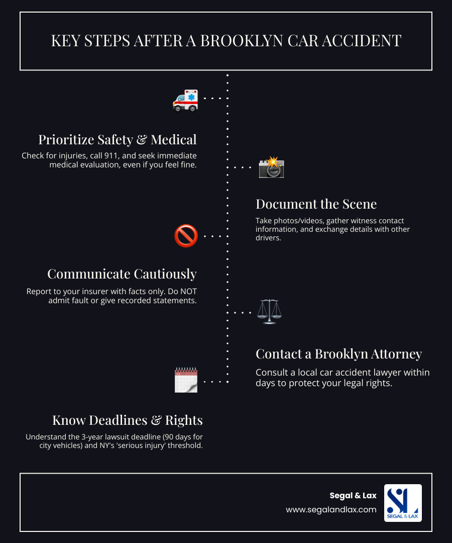 Infographic showing the key steps after a Brooklyn car accident: 1) Check for injuries and call 911, 2) Document the scene with photos and witness information, 3) Seek immediate medical evaluation even if you feel fine, 4) Report to your insurance company with facts only, 5) Do NOT admit fault or give recorded statements, 6) Contact a Brooklyn car accident attorney within days, 7) Understand you have 3 years to file a lawsuit (90 days for city vehicles), 8) Know that New York's no-fault law requires serious injury to sue for pain and suffering - auto accident attorneys in brooklyn infographic infographic-line-5-steps-dark